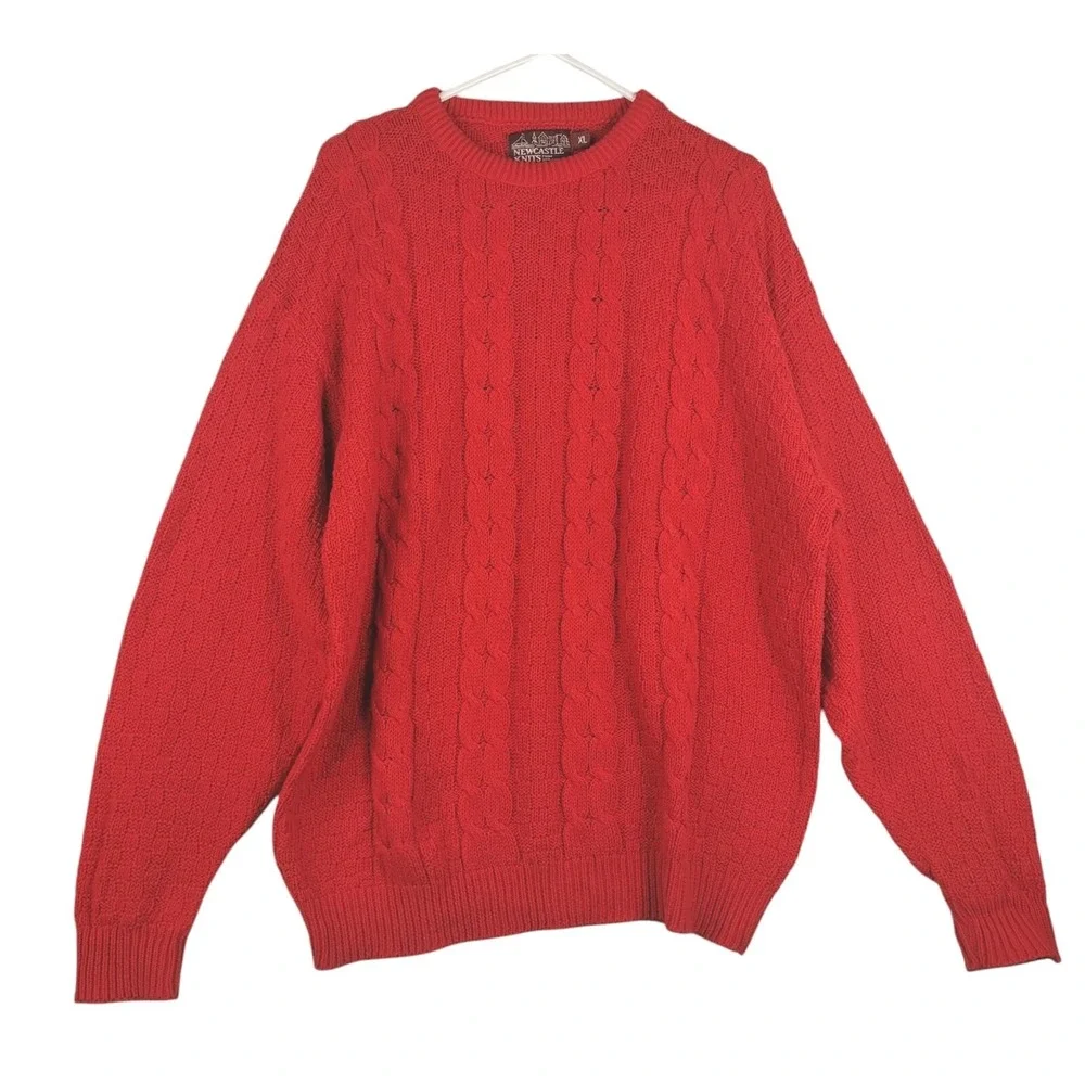 VINTAGE NewCastle Knits PULLOVER Men Size XL Red Cable Knit PIT TO PIT 27 IN